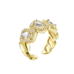 Gold T-Bar Chain-Link Ring with Cubic Zirconia